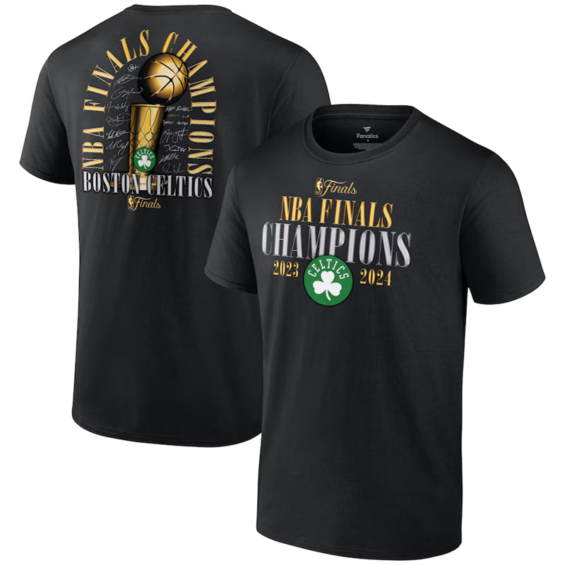 Men's Boston Celtics Black 2024 Finals Champions Fade Away Jumper Roster SignatureT-Shirt